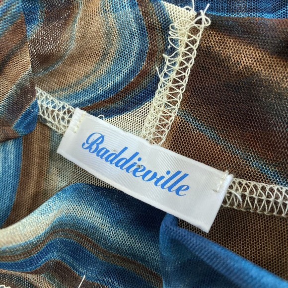 Vtg 90s Y2k Mesh Dress S M Bodycon Swirl Sheer Mock Neck Stretch Blue Brown - Picture 8 of 10